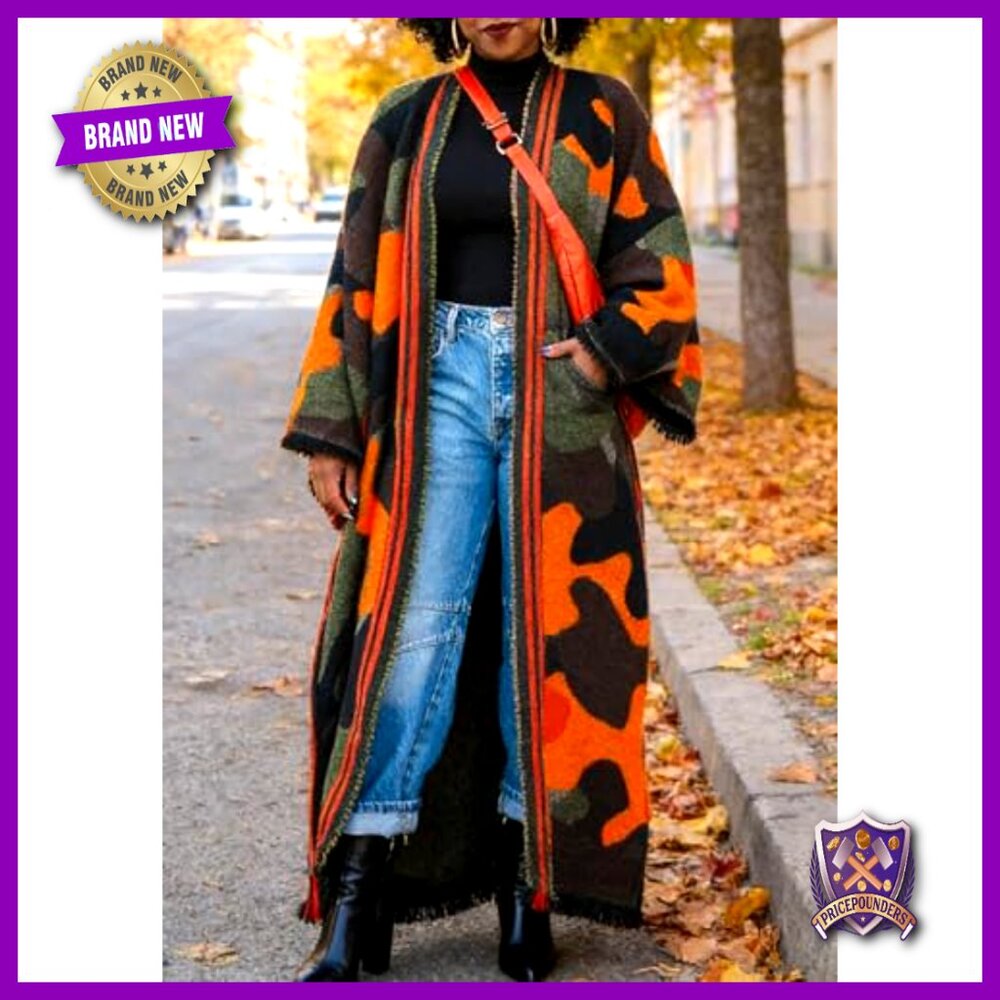 Long Camo Cardigan Open Front Oversized Chunky Knit Duster Sweater Coat - Picture 2 of 6